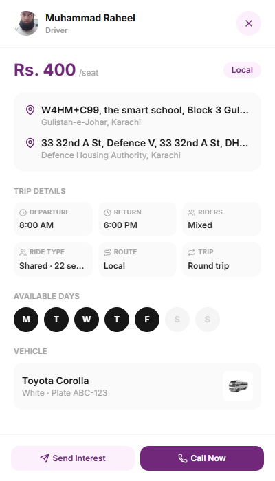A ride listing open inside the EasyLift app, showing pickup and drop-off, trip details and the Send Interest / Call Now actions